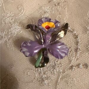Vintage 60’s metal orchid Elegant Purple and Yellow Floral Brooch
